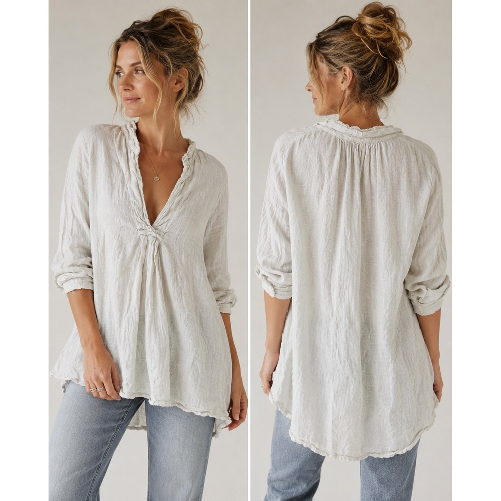 CP Shades Tunic Womens Small Beige 100% Linen Long Sleeve V-Neck Made in USA